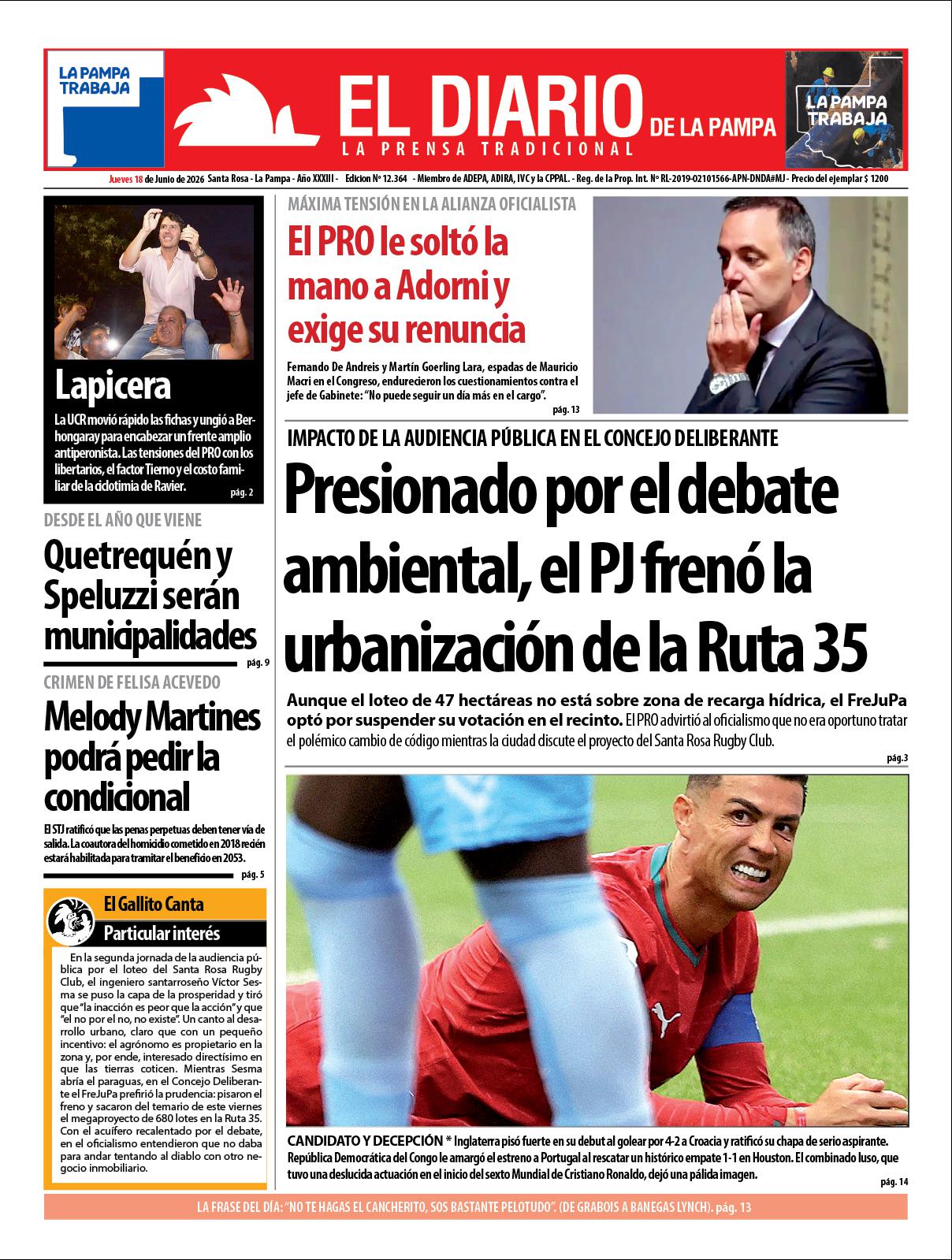 Tapa de El Diario en papel  jueves 18 de junio de 2026
